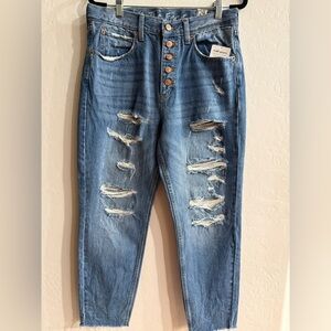 Free People Button-Up Ripped Boyfriend Jeans